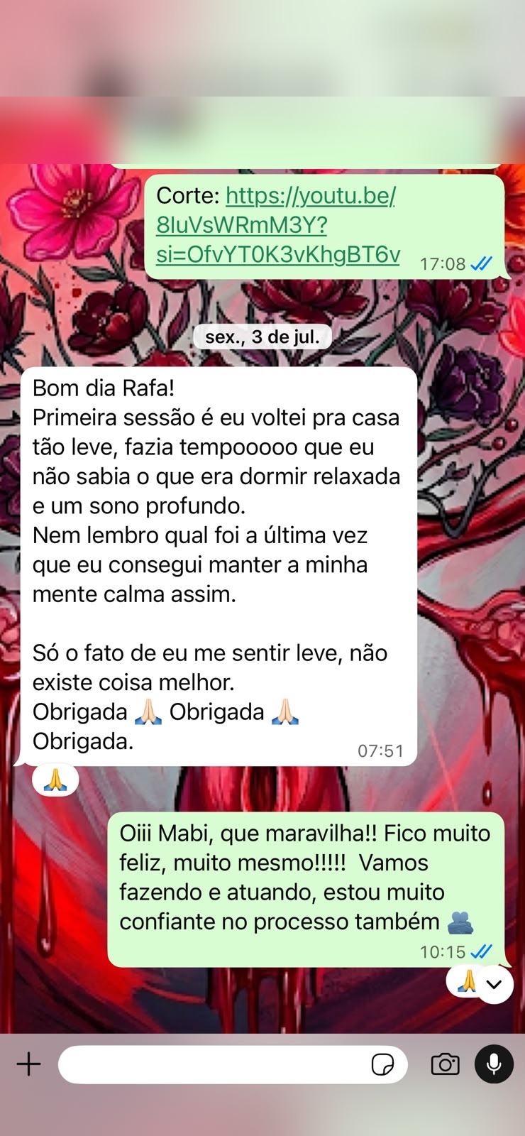 Depoimento de paciente relatando relaxamento e melhora do sono